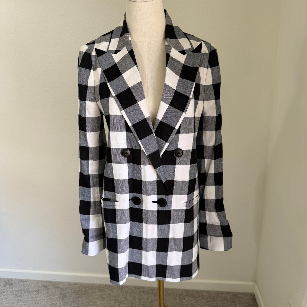Kate Spade Gingham Linen Blend Double Breasted Blazer 2‎ Preppy Tailored Black